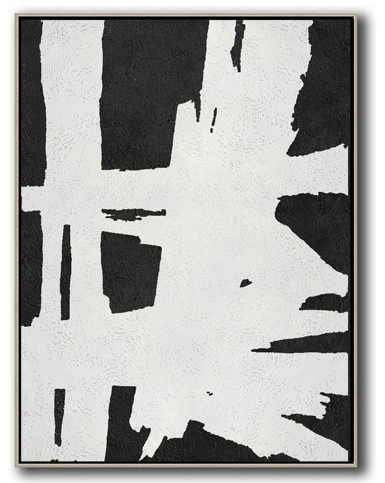 Large Contemporary Art Acrylic Painting,Black And White Minimal Painting On Canvas - Canvas Paintings For Sale